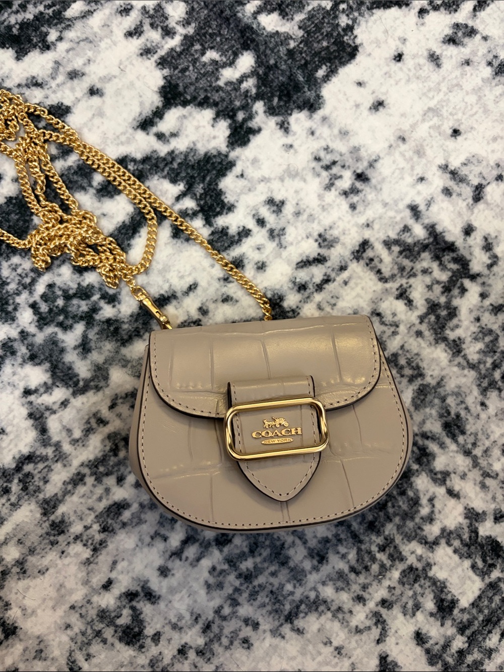 Coach Mini Croc-Embossed Saddle Bag in Taupe with Gold Hardware